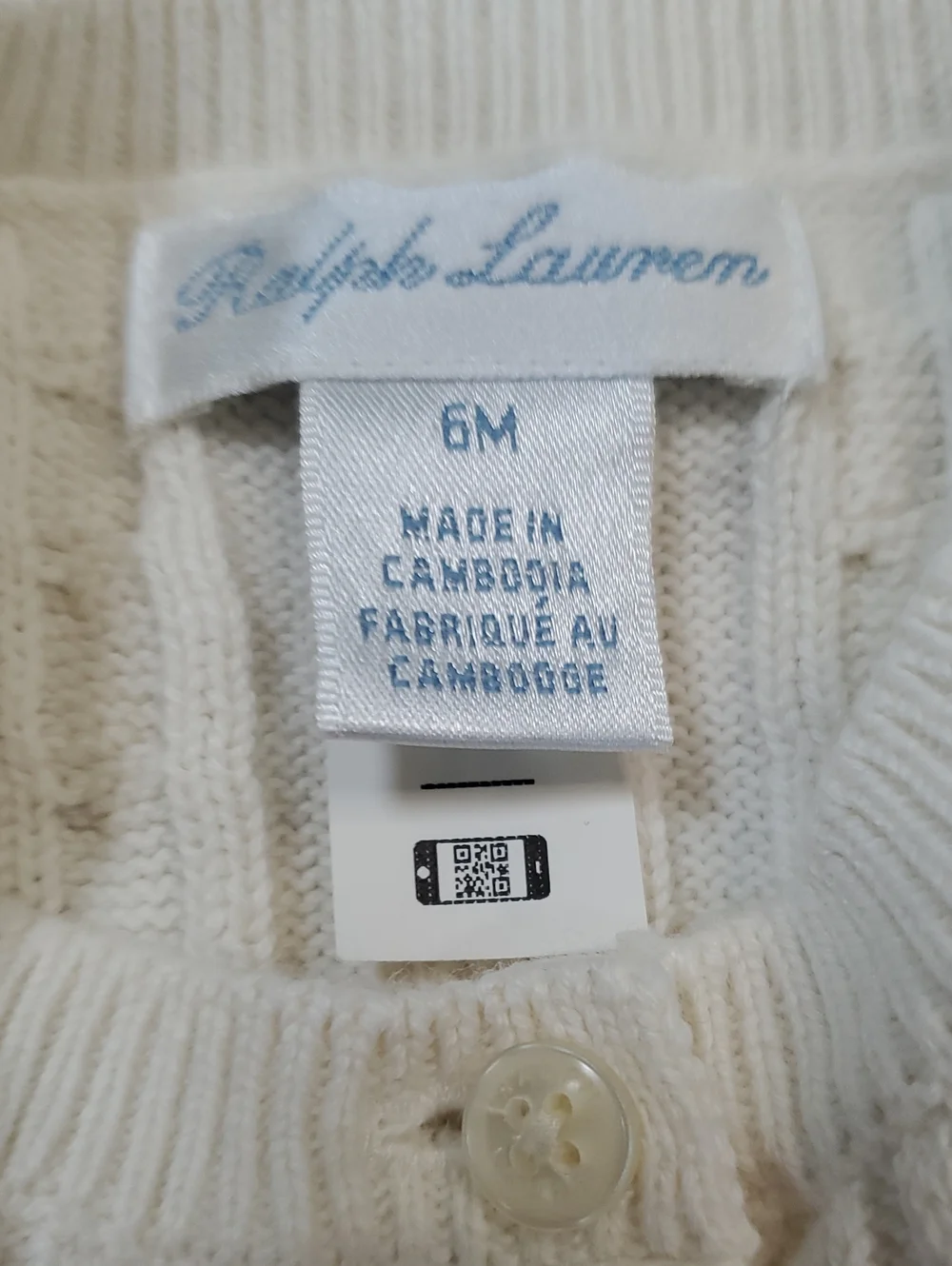 Ralph Lauren Cream Cable Knit Button-Up Cardigan with Pink Polo Pony. 6 Months